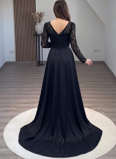 Sheath/Column Long Sleeves Sweep Train Crepe Satin Evening Dresses