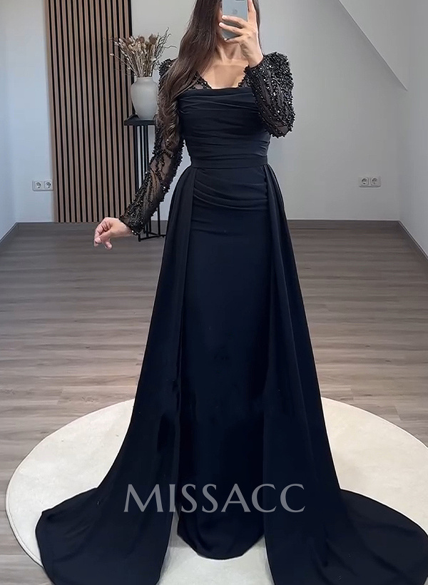 Sheath/Column Long Sleeves Sweep Train Crepe Satin Evening Dresses Sheath/Column Long Sleeves Sweep Train Crepe Satin Evening Dresses