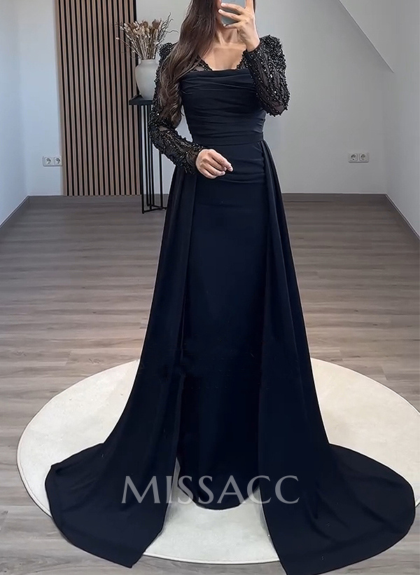 Sheath/Column Long Sleeves Sweep Train Crepe Satin Evening Dresses Sheath/Column Long Sleeves Sweep Train Crepe Satin Evening Dresses