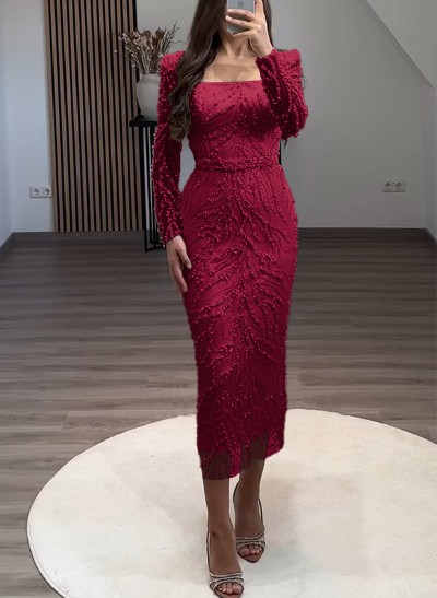 Sheath/Column Square Neckline Long Sleeves Evening Dresses With Beading Sheath/Column Square Neckline Long Sleeves Evening Dresses With Beading