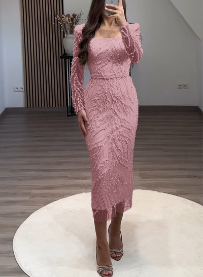 Sheath/Column Square Neckline Long Sleeves Evening Dresses With Beading