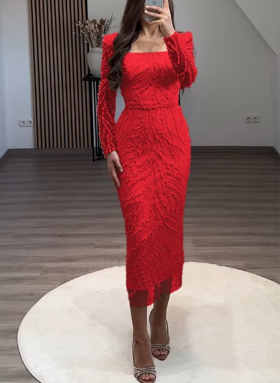 Sheath/Column Square Neckline Long Sleeves Evening Dresses With Beading