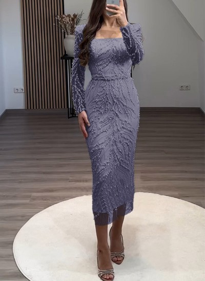 Sheath/Column Square Neckline Long Sleeves Evening Dresses With Beading