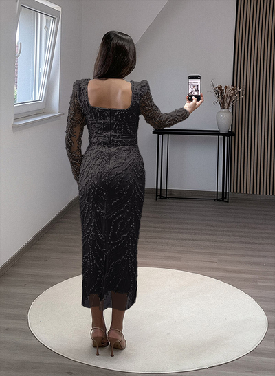 Sheath/Column Square Neckline Long Sleeves Evening Dresses With Beading