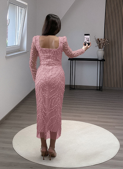 Sheath/Column Square Neckline Long Sleeves Evening Dresses With Beading