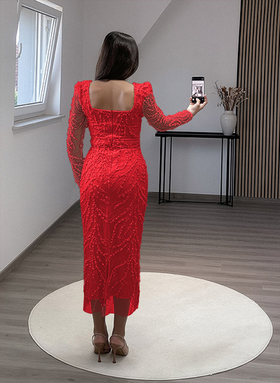 Sheath/Column Square Neckline Long Sleeves Evening Dresses With Beading