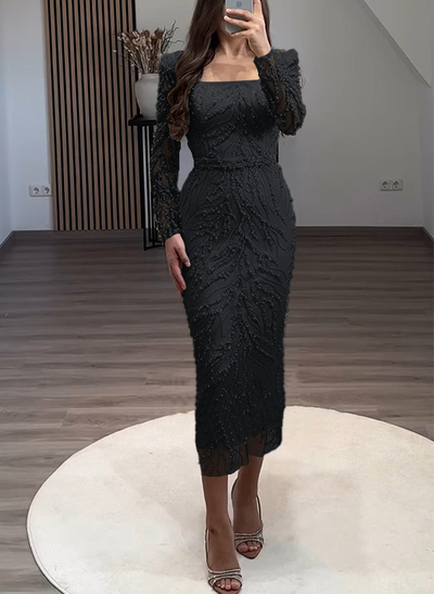 Sheath/Column Square Neckline Long Sleeves Evening Dresses With Beading