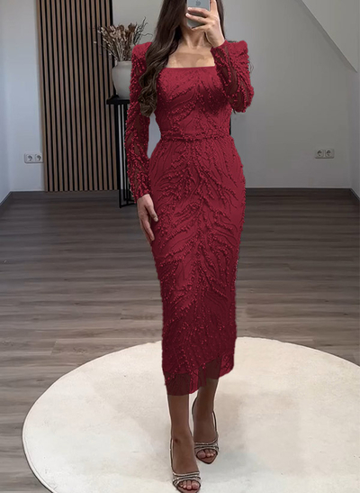 Sheath/Column Square Neckline Long Sleeves Evening Dresses With Beading