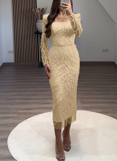 Sheath/Column Square Neckline Long Sleeves Evening Dresses With Beading