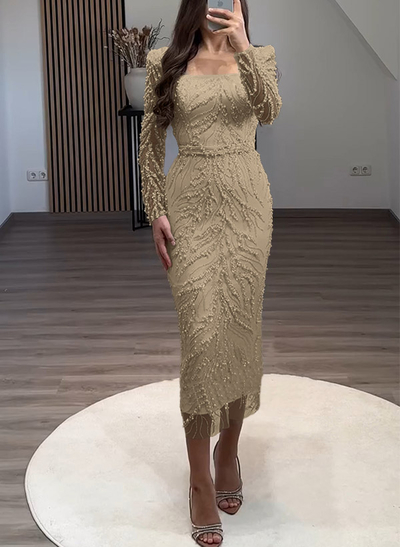 Sheath/Column Square Neckline Long Sleeves Evening Dresses With Beading
