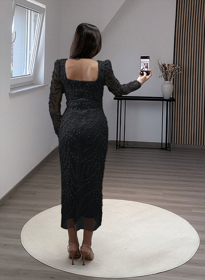 Sheath/Column Square Neckline Long Sleeves Evening Dresses With Beading
