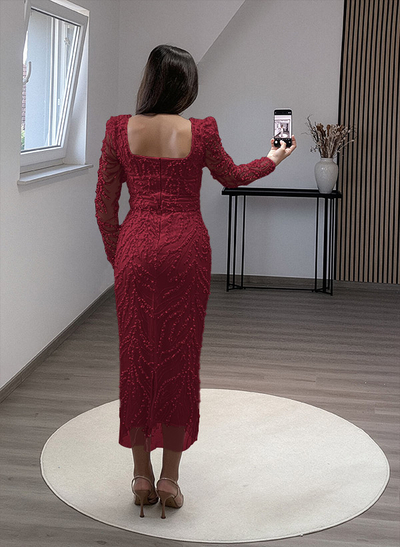 Sheath/Column Square Neckline Long Sleeves Evening Dresses With Beading