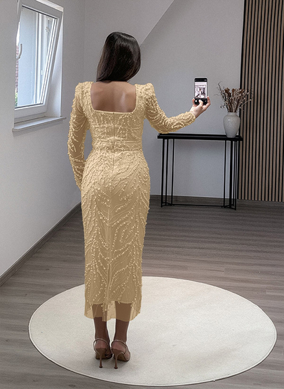 Sheath/Column Square Neckline Long Sleeves Evening Dresses With Beading