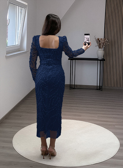Sheath/Column Square Neckline Long Sleeves Evening Dresses With Beading
