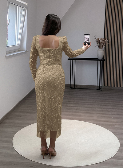 Sheath/Column Square Neckline Long Sleeves Evening Dresses With Beading