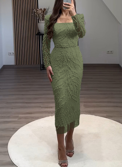 Sheath/Column Square Neckline Long Sleeves Evening Dresses With Beading