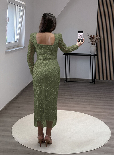 Sheath/Column Square Neckline Long Sleeves Evening Dresses With Beading