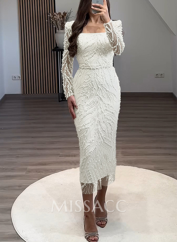 Sheath/Column Square Neckline Long Sleeves Evening Dresses With Beading