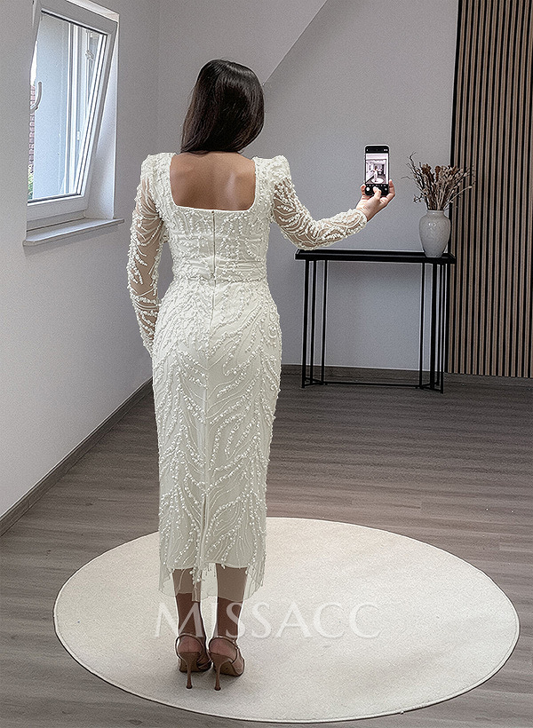 Sheath/Column Square Neckline Long Sleeves Evening Dresses With Beading