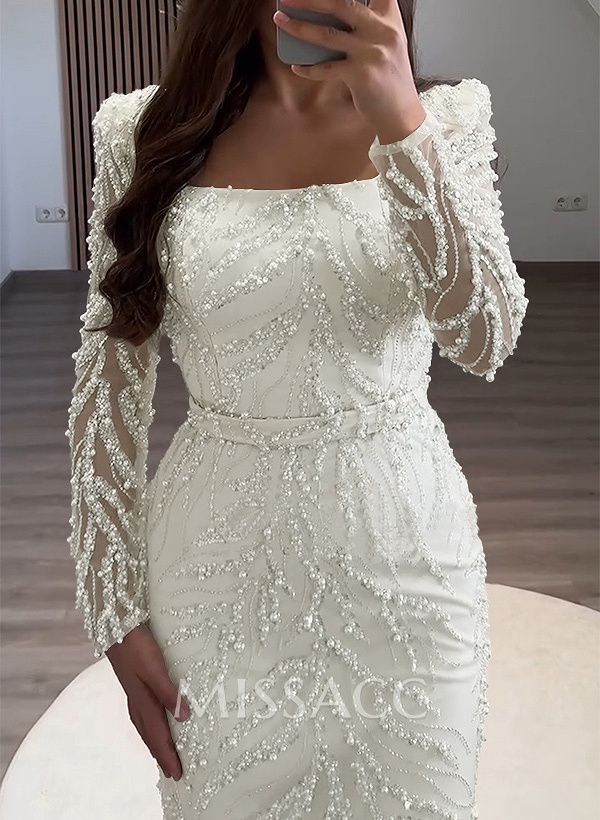 Sheath/Column Square Neckline Long Sleeves Evening Dresses With Beading