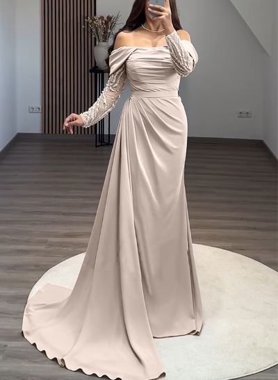 Sheath/Column Off-The-Shoulder Satin Evening Dresses With Sweeping Side Drape