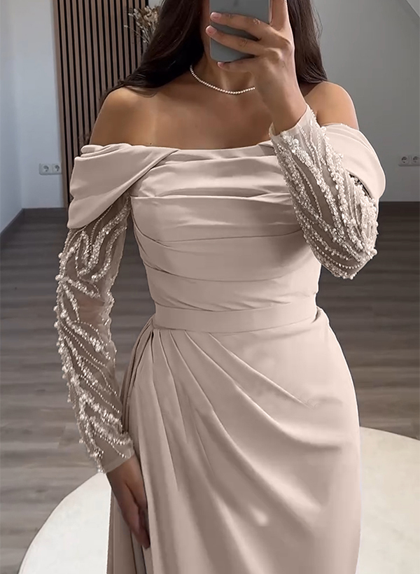 Sheath/Column Off-The-Shoulder Satin Evening Dresses With Sweeping Side Drape