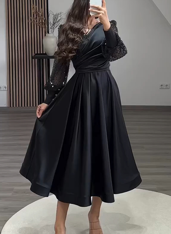 A-Line V-Neck Long Sleeves Tea-Length Satin/Sequined Evening Dresses