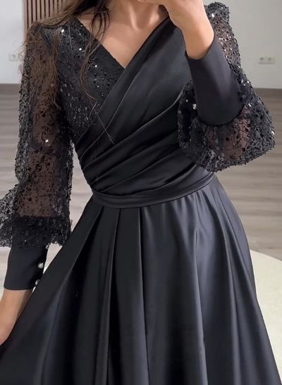 A-Line V-Neck Long Sleeves Tea-Length Satin/Sequined Evening Dresses