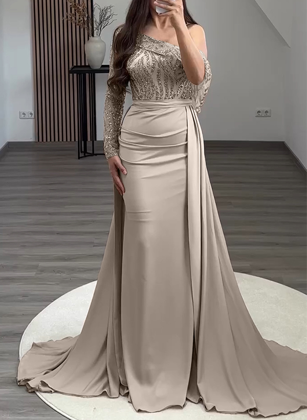 Sheath/Column Asymmetrical Long Sleeves Sweep Train Satin Evening Dresses With Sequins/Lace