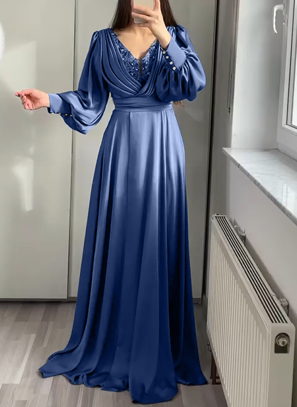 A-Line V-Neck Long Sleeves Sweep Train Satin Evening Dresses With Beading