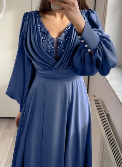 A-Line V-Neck Long Sleeves Sweep Train Satin Evening Dresses With Beading