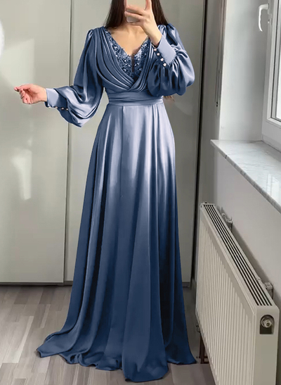 A-Line V-Neck Long Sleeves Sweep Train Stretch Satin Evening Dresses With Beading