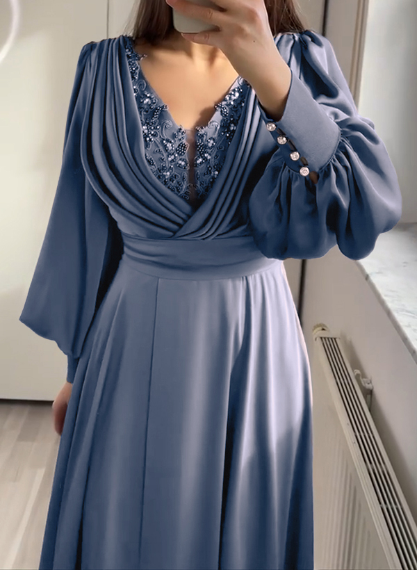 A-Line V-Neck Long Sleeves Sweep Train Stretch Satin Evening Dresses With Beading