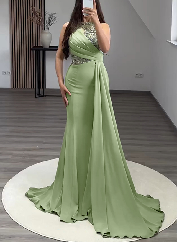 Trumpet/Mermaid High Neck Sweep Train Satin Evening Dresses With Rhinestone