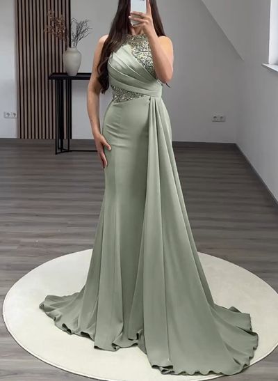 Trumpet/Mermaid High Neck Sweep Train Elastic Satin Evening Dresses With Rhinestone