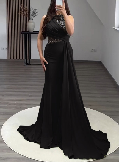 Trumpet/Mermaid High Neck Sweep Train Elastic Satin Evening Dresses With Rhinestone