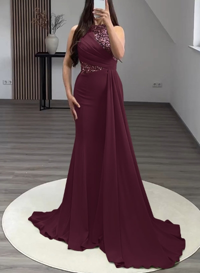 Trumpet/Mermaid High Neck Sweep Train Elastic Satin Evening Dresses With Rhinestone