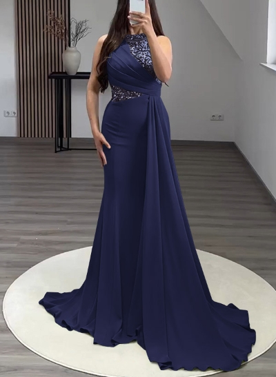 Trumpet/Mermaid High Neck Sweep Train Elastic Satin Evening Dresses With Rhinestone