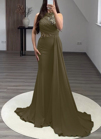 Trumpet/Mermaid High Neck Sweep Train Elastic Satin Evening Dresses With Rhinestone