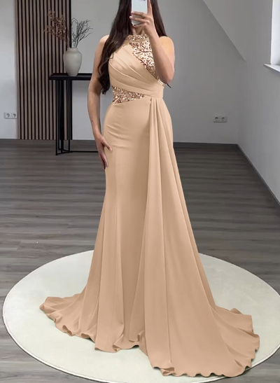 Trumpet/Mermaid High Neck Sweep Train Elastic Satin Evening Dresses With Rhinestone