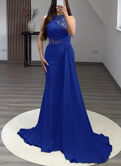 Trumpet/Mermaid High Neck Sweep Train Elastic Satin Evening Dresses With Rhinestone
