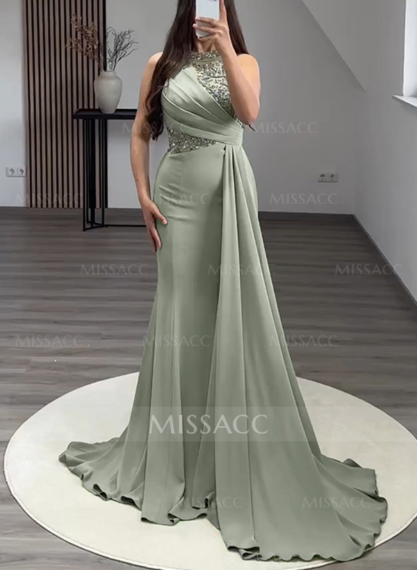 Trumpet/Mermaid High Neck Sweep Train Elastic Satin Evening Dresses With Rhinestone