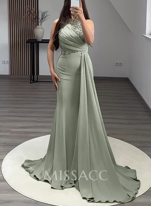 Trumpet/Mermaid High Neck Sweep Train Elastic Satin Evening Dresses With Rhinestone