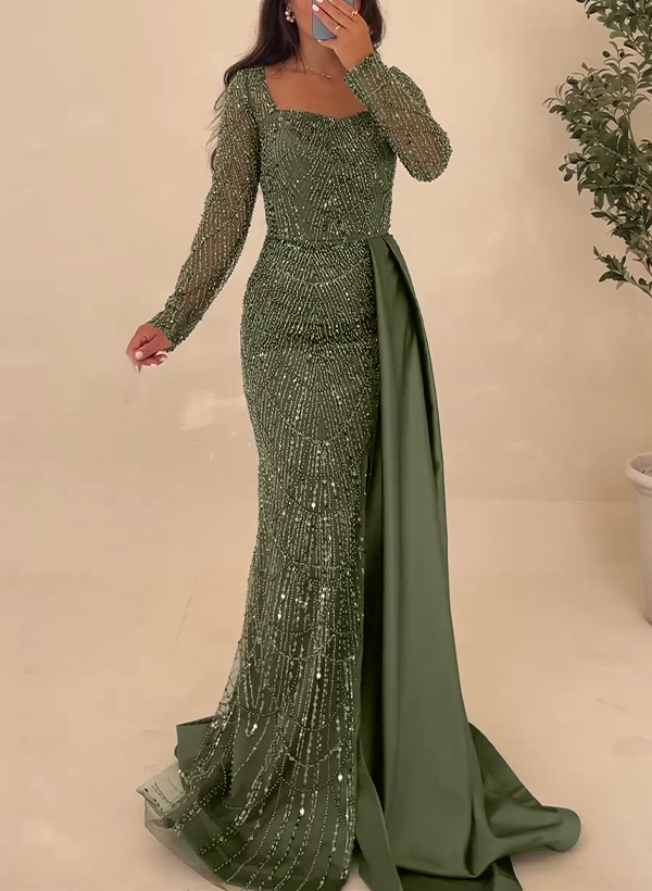 Sheath/Column Long Sleeves Satin /Sequined Evening Dresses With Sweeping Side Drape