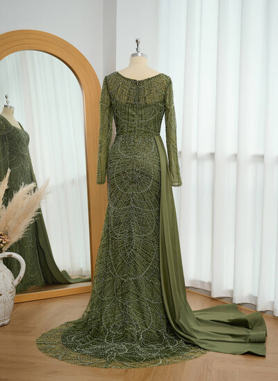 Sheath/Column Long Sleeves Satin /Sequined Evening Dresses With Sweeping Side Drape