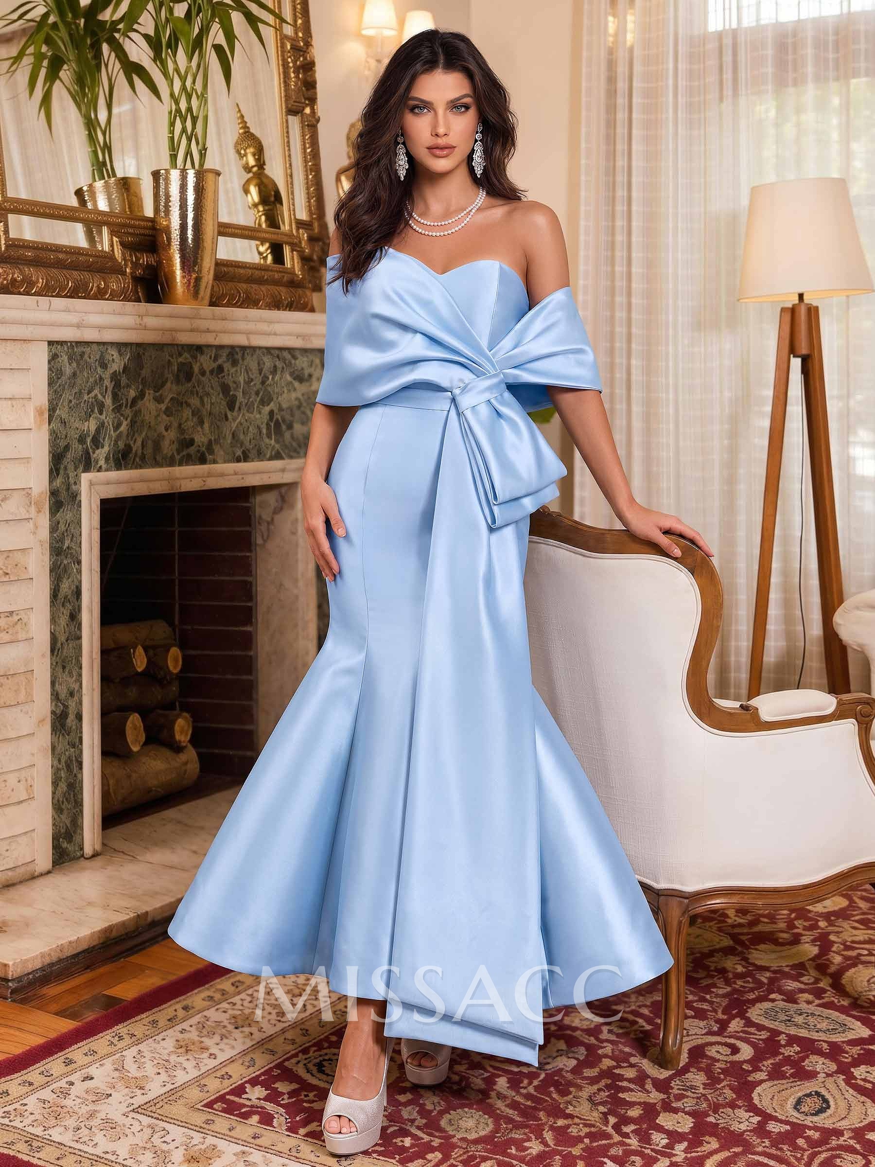 Trumpet/Mermaid Off-The-Shoulder Ankle-Length Satin Evening Dresses With Bow(s)