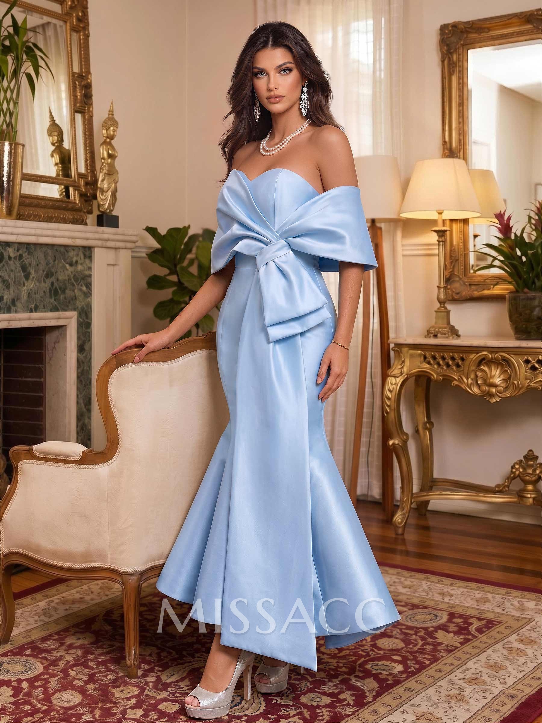 Trumpet/Mermaid Off-The-Shoulder Ankle-Length Satin Evening Dresses With Bow(s)