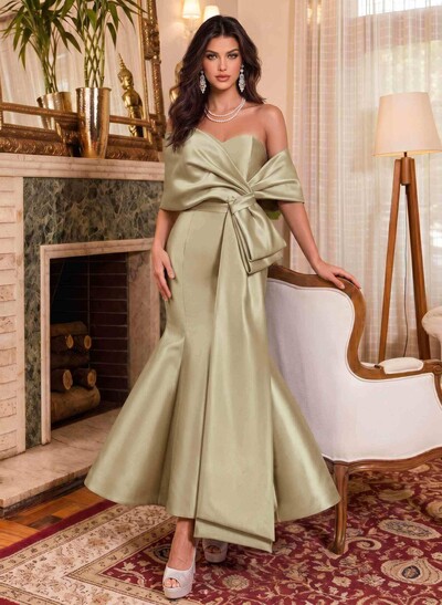Trumpet/Mermaid Off-The-Shoulder Ankle-Length Satin Evening Dresses With Bow(s)