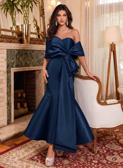 Trumpet/Mermaid Off-The-Shoulder Ankle-Length Satin Evening Dresses With Bow(s)