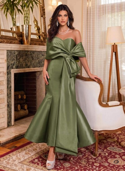 Trumpet/Mermaid Off-The-Shoulder Ankle-Length Satin Evening Dresses With Bow(s)